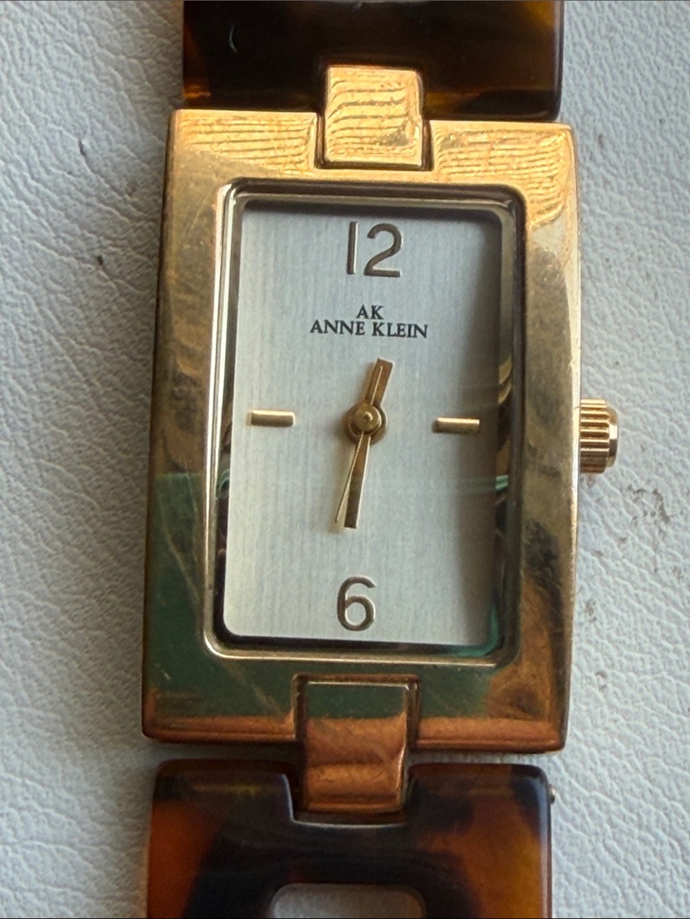 Anne Klein Gold Tone Rectangular Dress Watch with Tortoiseshell Links Vintage